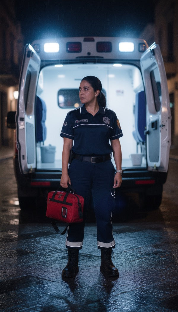 Paramédica frente a una unidad de emergencia